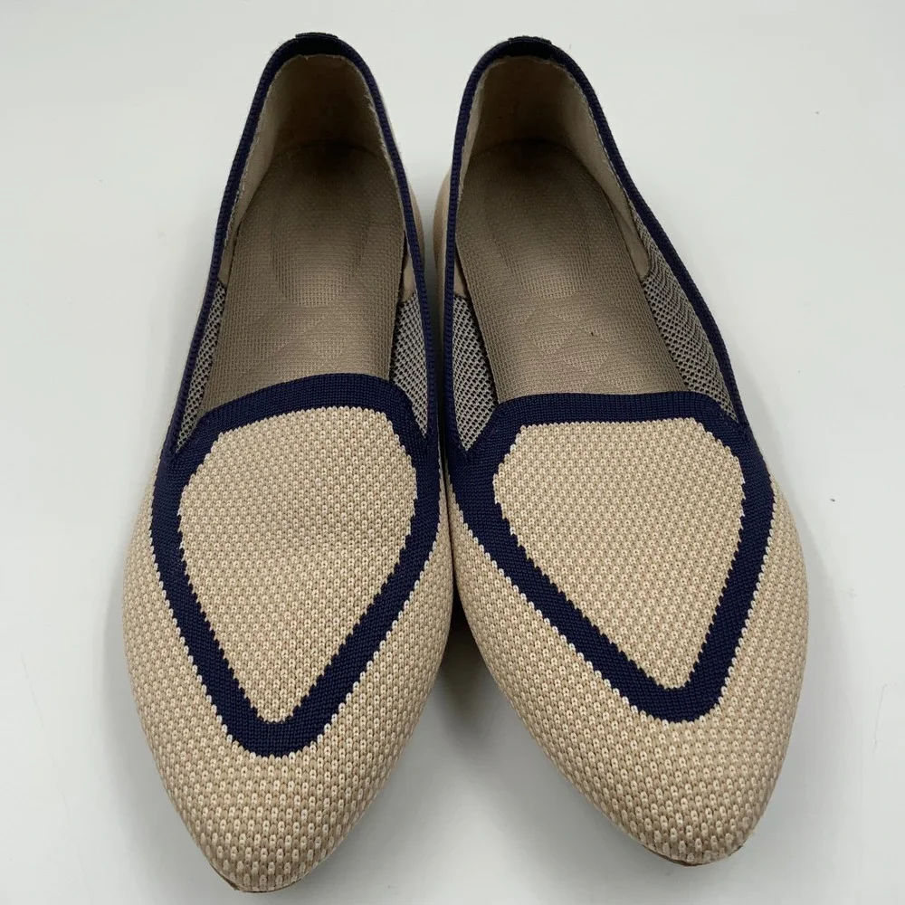 Birdies Blackbird Tan Navy Blue Knit Pointed Toe‎ Flat Loafers Womens 7.5